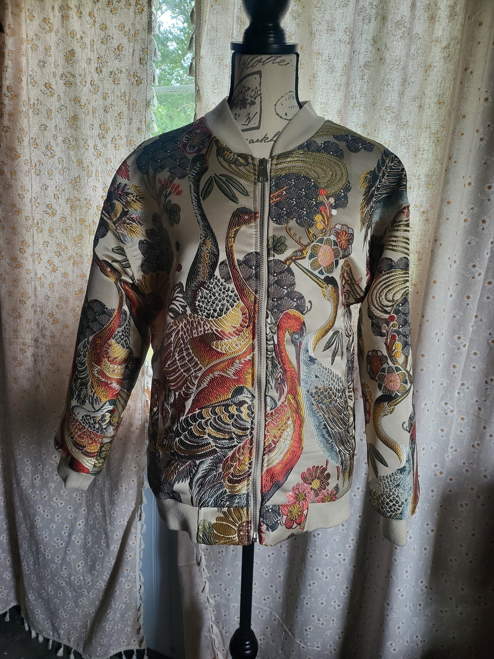 Hood Crew Men’s Asian Crane Floral Jacquard Bomber Jacket